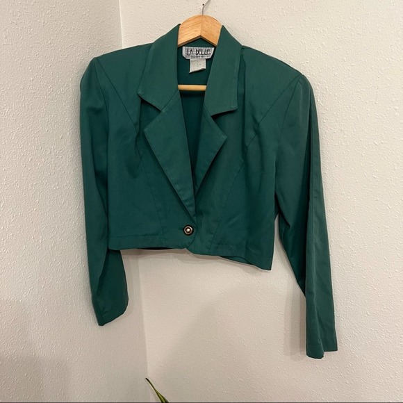 Vintage Jackets & Blazers - Vintage La Belle Cropped Blazer Emerald Green Shoulder Pads Women's size S